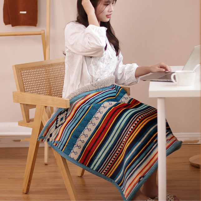 Double-Sided Geometric & Plush Throw Blanket - Warm 70x100cm Multi-Use Wrap(Color stripes/Back side light brown).