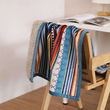 Double-Sided Geometric & Plush Throw Blanket - Warm 70x100cm Multi-Use Wrap(Color stripes/Back side light brown).
