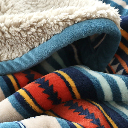 Double-Sided Geometric & Plush Throw Blanket - Warm 70x100cm Multi-Use Wrap(Color stripes/Back side light brown).