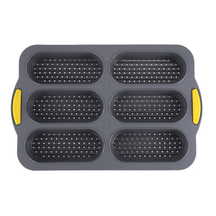Grey 6-hole silicone baking mold, perforated loaf pan 37.5 cm x 24.5 cm, suitable for bread and cakes (sold in sets of 2).