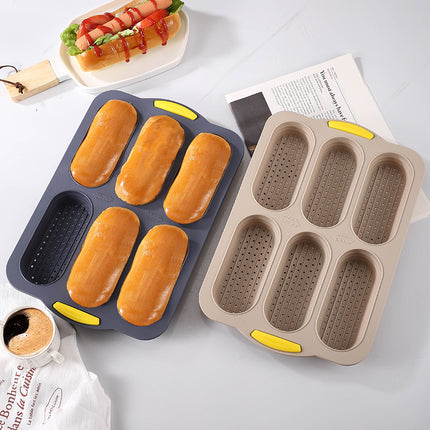 Grey 6-hole silicone baking mold, perforated loaf pan 37.5 cm x 24.5 cm, suitable for bread and cakes (sold in sets of 2).
