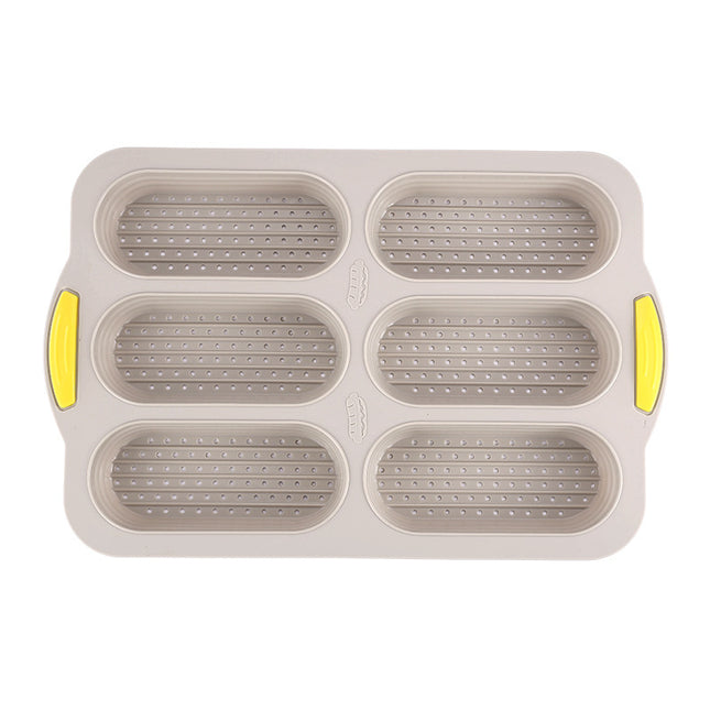 Brown 6-hole silicone baking mold, perforated loaf pan 37.5 cm x 24.5 cm, suitable for bread and cakes (sold in sets of 2).
