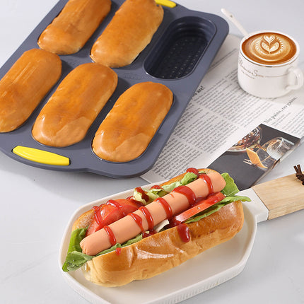 Brown 6-hole silicone baking mold, perforated loaf pan 37.5 cm x 24.5 cm, suitable for bread and cakes (sold in sets of 2).