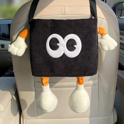 Black Cute Cartoon Car Trash Bin with Adjustable Strap - Water-Repellent Corduroy (19x24cm).