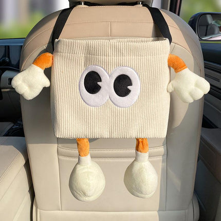 White Cute Cartoon Car Trash Bin with Adjustable Strap - Water-Repellent Corduroy (19x24cm).