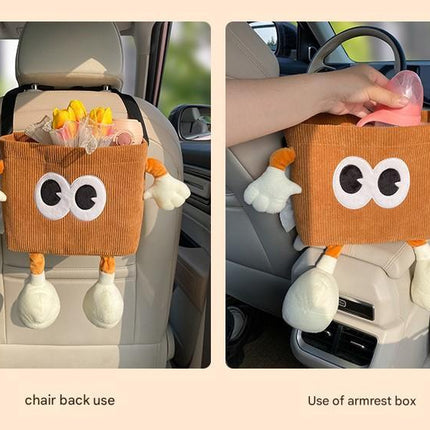 White Cute Cartoon Car Trash Bin with Adjustable Strap - Water-Repellent Corduroy (19x24cm).