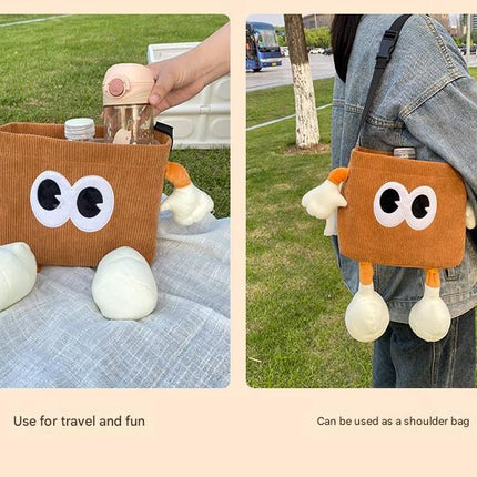 White Cute Cartoon Car Trash Bin with Adjustable Strap - Water-Repellent Corduroy (19x24cm).