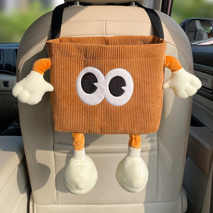 Brown Cute Cartoon Car Trash Bin with Adjustable Strap - Water-Repellent Corduroy (19x24cm).