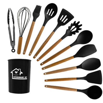 Black 11-Piece Silicone Kitchen Utensil Set with Wooden Handles and Storage Bucket - Heat Resistant and Non-Stick.
