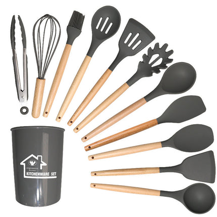Dark Grey 11-Piece Silicone Kitchen Utensil Set with Wooden Handles and Storage Bucket - Heat Resistant and Non-Stick.