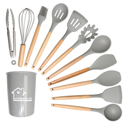 Light Grey 11-Piece Silicone Kitchen Utensil Set with Wooden Handles and Storage Bucket - Heat Resistant and Non-Stick.