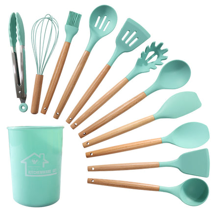 Dark Green 11-Piece Silicone Kitchen Utensil Set with Wooden Handles and Storage Bucket - Heat Resistant and Non-Stick.