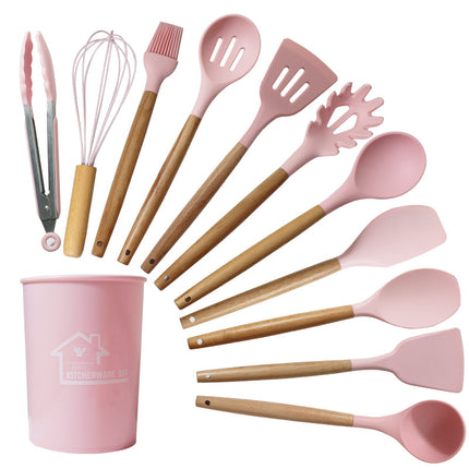 Pink 11-Piece Silicone Kitchen Utensil Set with Wooden Handles and Storage Bucket - Heat Resistant and Non-Stick.