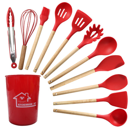Red 11-Piece Silicone Kitchen Utensil Set with Wooden Handles and Storage Bucket - Heat Resistant and Non-Stick.