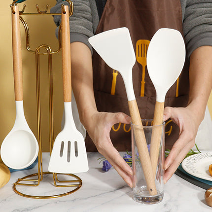 Red 11-Piece Silicone Kitchen Utensil Set with Wooden Handles and Storage Bucket - Heat Resistant and Non-Stick.