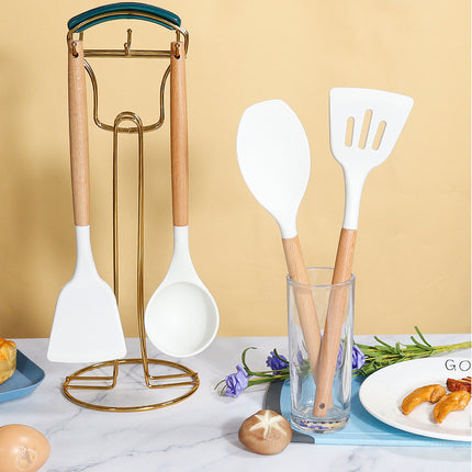 Red 11-Piece Silicone Kitchen Utensil Set with Wooden Handles and Storage Bucket - Heat Resistant and Non-Stick.