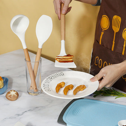 Red 11-Piece Silicone Kitchen Utensil Set with Wooden Handles and Storage Bucket - Heat Resistant and Non-Stick.