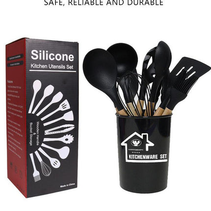 Red 11-Piece Silicone Kitchen Utensil Set with Wooden Handles and Storage Bucket - Heat Resistant and Non-Stick.