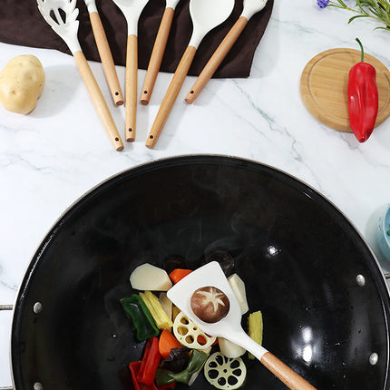 Red 11-Piece Silicone Kitchen Utensil Set with Wooden Handles and Storage Bucket - Heat Resistant and Non-Stick.