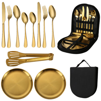 6-Piece Portable Stainless Steel Cutlery Set with Plate and Bag - Gold, Great for Camping and Travel (Teaspoon).