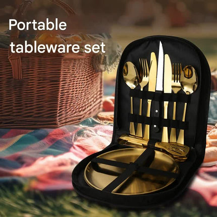 6-Piece Portable Stainless Steel Cutlery Set with Plate and Bag - Gold, Great for Camping and Travel (Teaspoon).