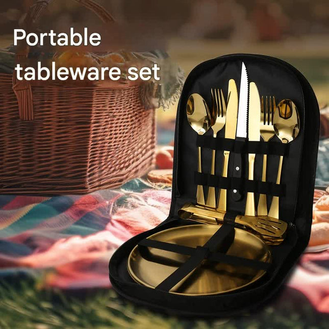 6-Piece Portable Stainless Steel Cutlery Set with Plate and Bag - Gold, Great for Camping and Travel (Teaspoon).