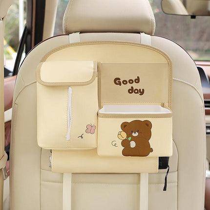 Car Seat Back Organizer with Practical design-Multi-Pocket Storage for Tissues and Gadgets-Cute bear(Beige).