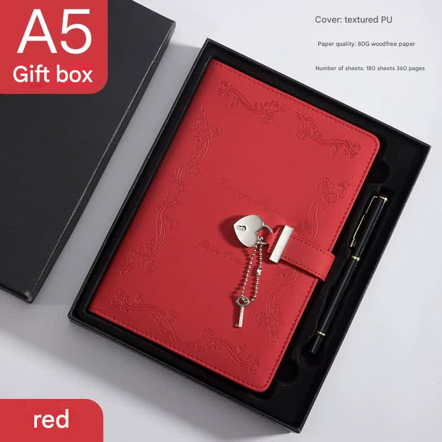 Heart Lock Diary with Key - Vintage Style Journal, Red PU Leather, Secure and Elegant.