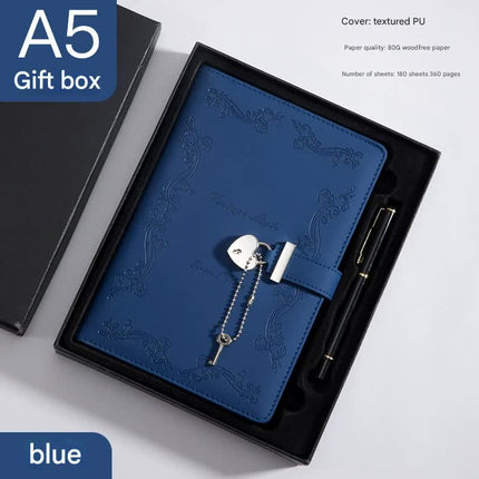 Heart Lock Diary with Key - Vintage Style Journal, Blue PU Leather, Secure and Elegant.