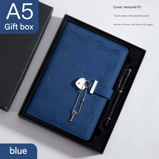 Heart Lock Diary with Key - Vintage Style Journal, Blue PU Leather, Secure and Elegant.