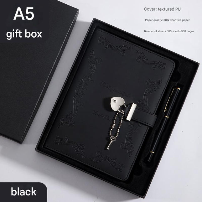 Heart Lock Diary with Key - Vintage Style Journal, Black PU Leather, Secure and Elegant.