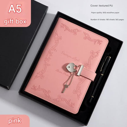 Heart Lock Diary with Key - Vintage Style Journal, Pink PU Leather, Secure and Elegant.