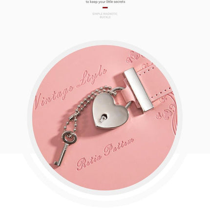 Heart Lock Diary with Key - Vintage Style Journal, Pink PU Leather, Secure and Elegant.