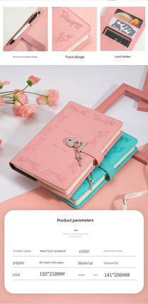 Heart Lock Diary with Key - Vintage Style Journal, Pink PU Leather, Secure and Elegant.