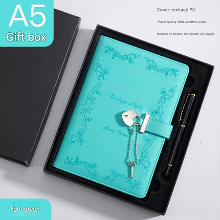 Heart Lock Diary with Key - Vintage Style Journal, Green PU Leather, Secure and Elegant.