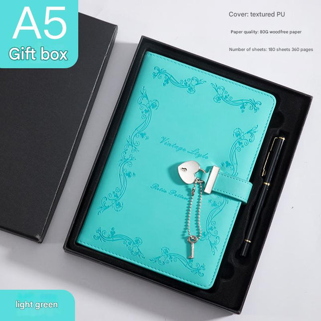 Heart Lock Diary with Key - Vintage Style Journal, Green PU Leather, Secure and Elegant.