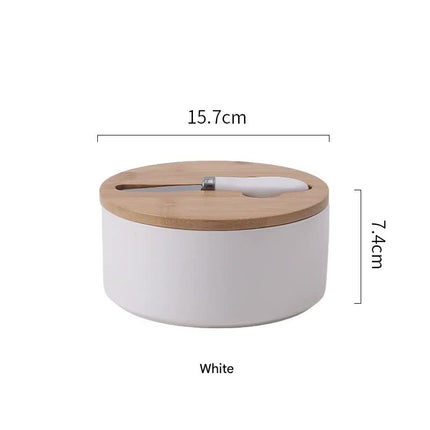 White Nordic Ceramic Butter Dish with Knife - Airtight Cheese Container with Bamboo Lid, Kitchen Storage.