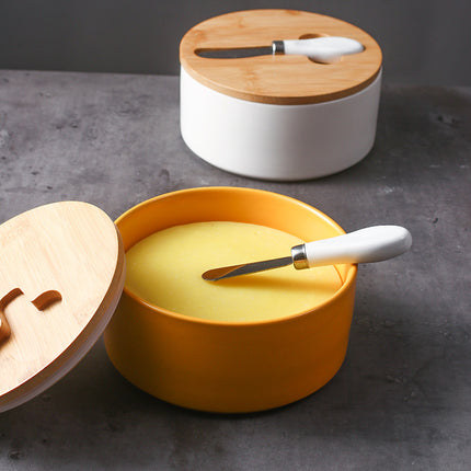 White Nordic Ceramic Butter Dish with Knife - Airtight Cheese Container with Bamboo Lid, Kitchen Storage.