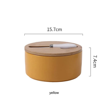 Yellow Nordic Ceramic Butter Dish with Knife - Airtight Cheese Container with Bamboo Lid, Kitchen Storage.
