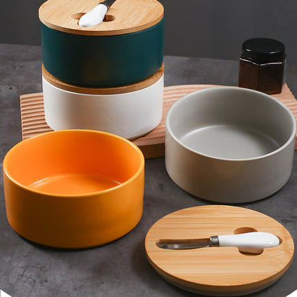 Yellow Nordic Ceramic Butter Dish with Knife - Airtight Cheese Container with Bamboo Lid, Kitchen Storage.