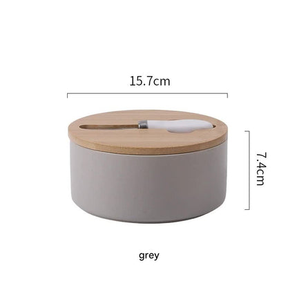 Gray Nordic Ceramic Butter Dish with Knife - Airtight Cheese Container with Bamboo Lid, Kitchen Storage.