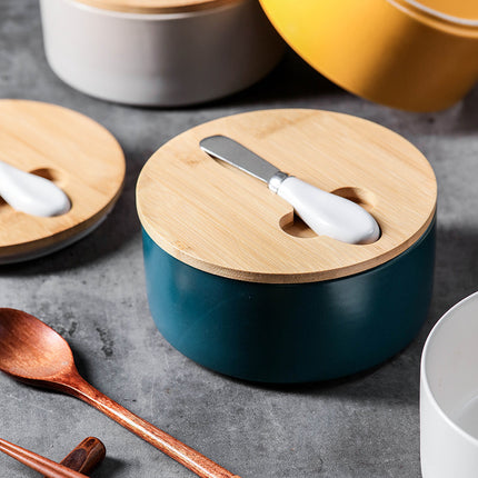 Gray Nordic Ceramic Butter Dish with Knife - Airtight Cheese Container with Bamboo Lid, Kitchen Storage.