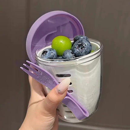 Purple Double Layer Salad Cup with Fork - Leak-proof Fruit Container, Drain Design, Portable Oatmeal and Picnic Jar.