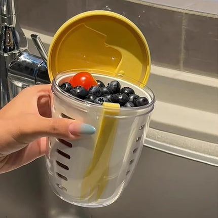 Yellow Double Layer Salad Cup with Fork - Leak-proof Fruit Container, Drain Design, Portable Oatmeal and Picnic Jar.