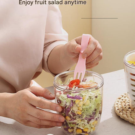 Yellow Double Layer Salad Cup with Fork - Leak-proof Fruit Container, Drain Design, Portable Oatmeal and Picnic Jar.
