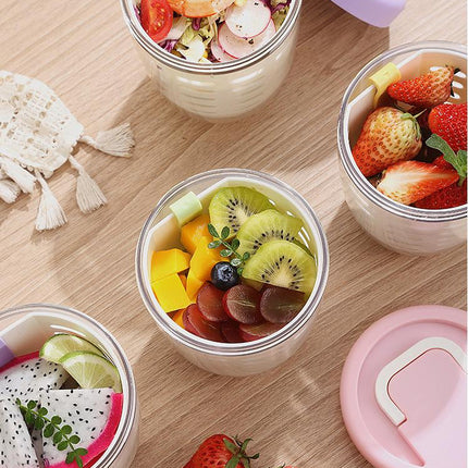 Yellow Double Layer Salad Cup with Fork - Leak-proof Fruit Container, Drain Design, Portable Oatmeal and Picnic Jar.
