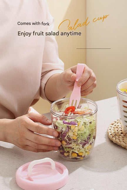 Pink Double Layer Salad Cup with Fork - Leak-proof Fruit Container, Drain Design, Portable Oatmeal and Picnic Jar.