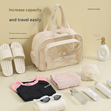 Waterproof beach bag with wet and dry separation, gym and swim storage bag, toiletries and cosmetic bag for swimsuits and goggles (Beige has shoe compartment).