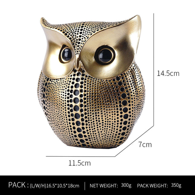 Black gold resin owl statue - modern perforated design for living room TV cabinet and entryway decoration.