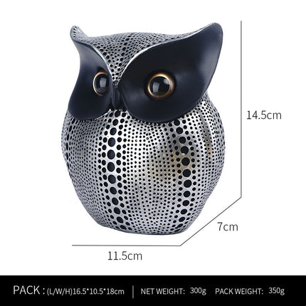 Black silver resin owl statue - modern perforated design for living room TV cabinet and entryway decoration.